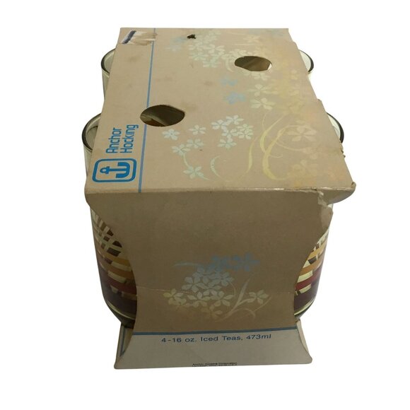 ANCHOR HOCKING VTG Striped Cooler Glasses Set 4 w/ Box 16oz NOS USA Barware MCM - Picture 9 of 12